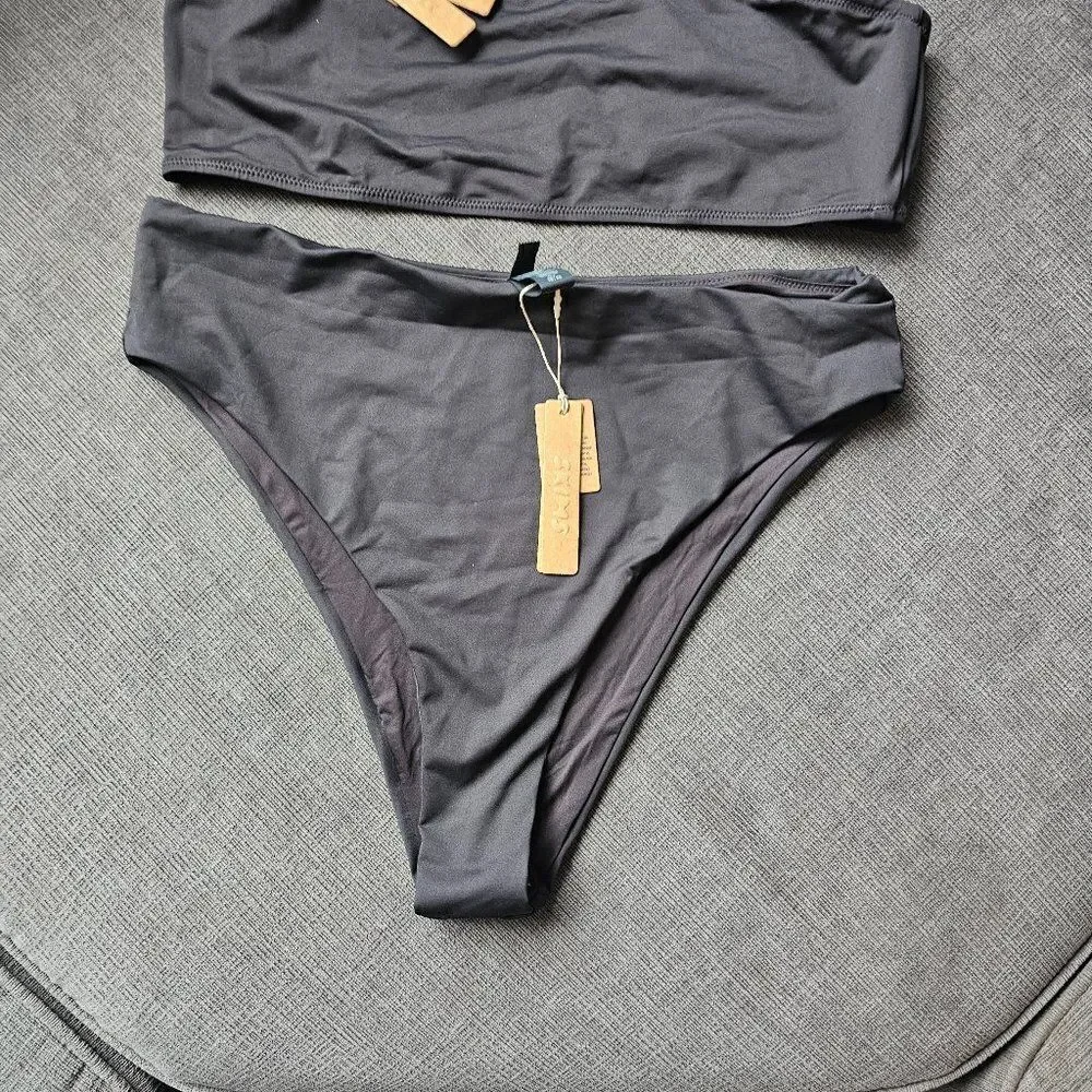 Skims Women's Onyx Bandeau Bikini Top & Mid Waist Bottoms Set Size XL